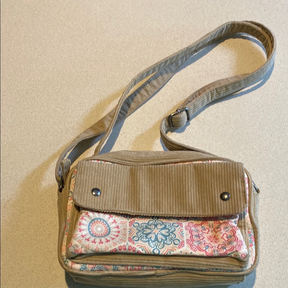 Donna Sharp Kentucky Original Corduroy Tan Crossbody Bag with Pastel Pattern